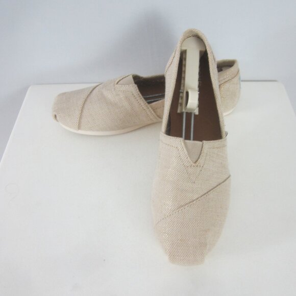 Toms Womens 8 Beige Slip On Rubber Soled Shoes Metallic Linen Flats Light Weight - Picture 3 of 12